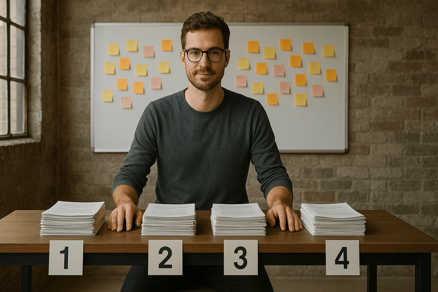 startup founder met 4 stapels documenten
