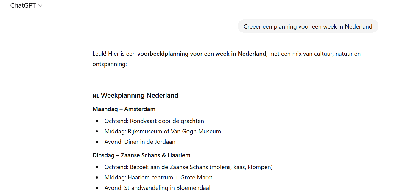 ChatGPT screenshot vacation week in the Netherlands 
