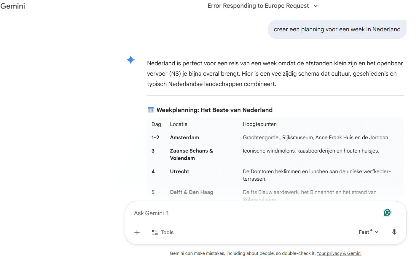 Gemini screenshot vacation week the Netherlands