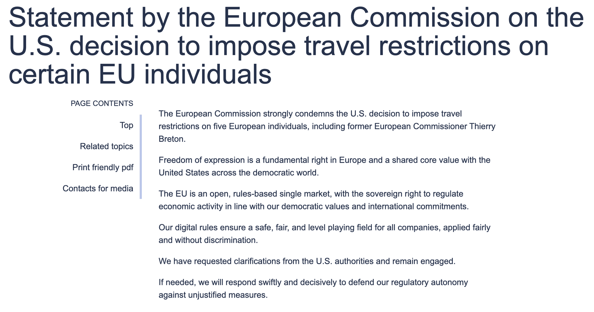 Statement of the EU in response to the U.S. travel restrictions