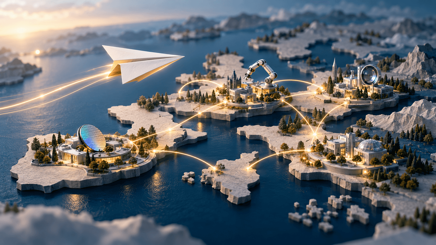 connected European technology hubs, with a paper plane symbolising startups growing across borders.
