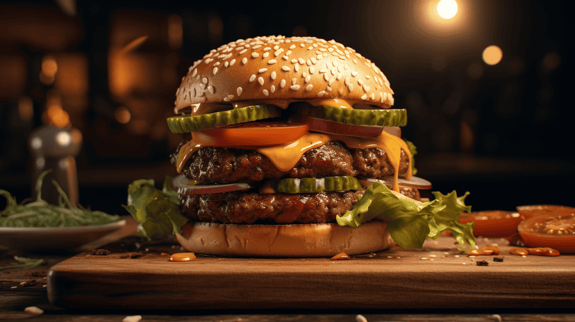 A photorealistic image of a cultivated meat hamburger.