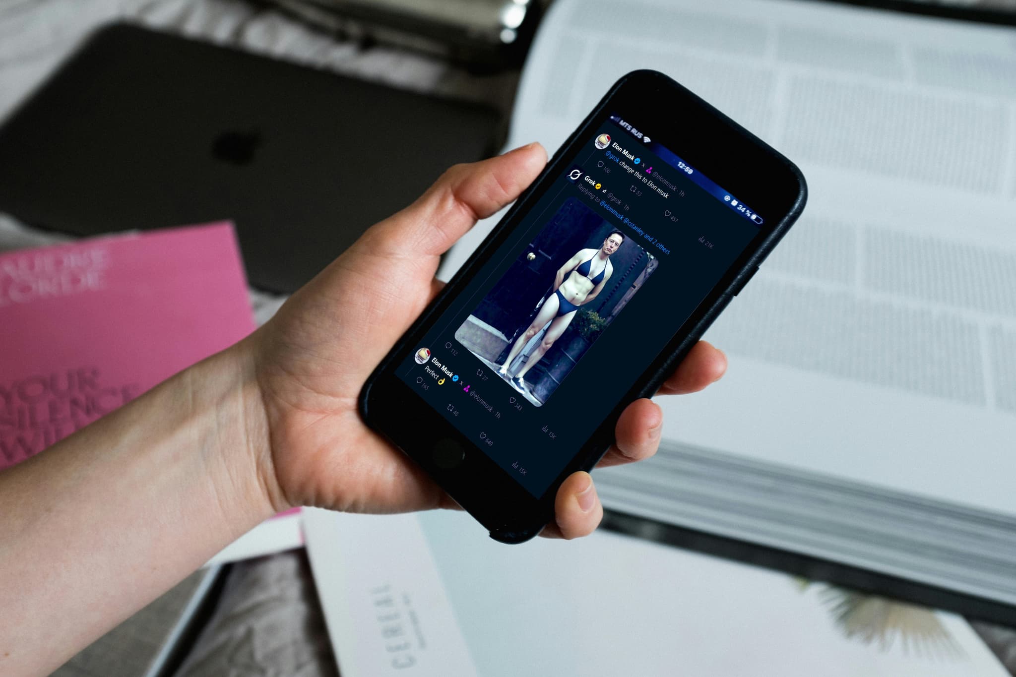 Musk in bikini as created by Grok and tweeted by Elon Musk