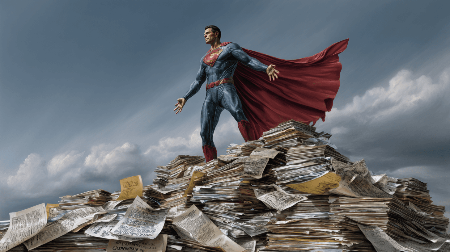 superman on a pile of patent files
