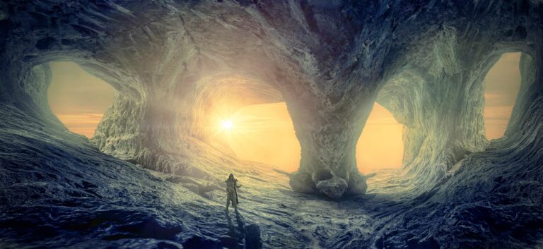 Kellepics Pixabay - man in cave with background light